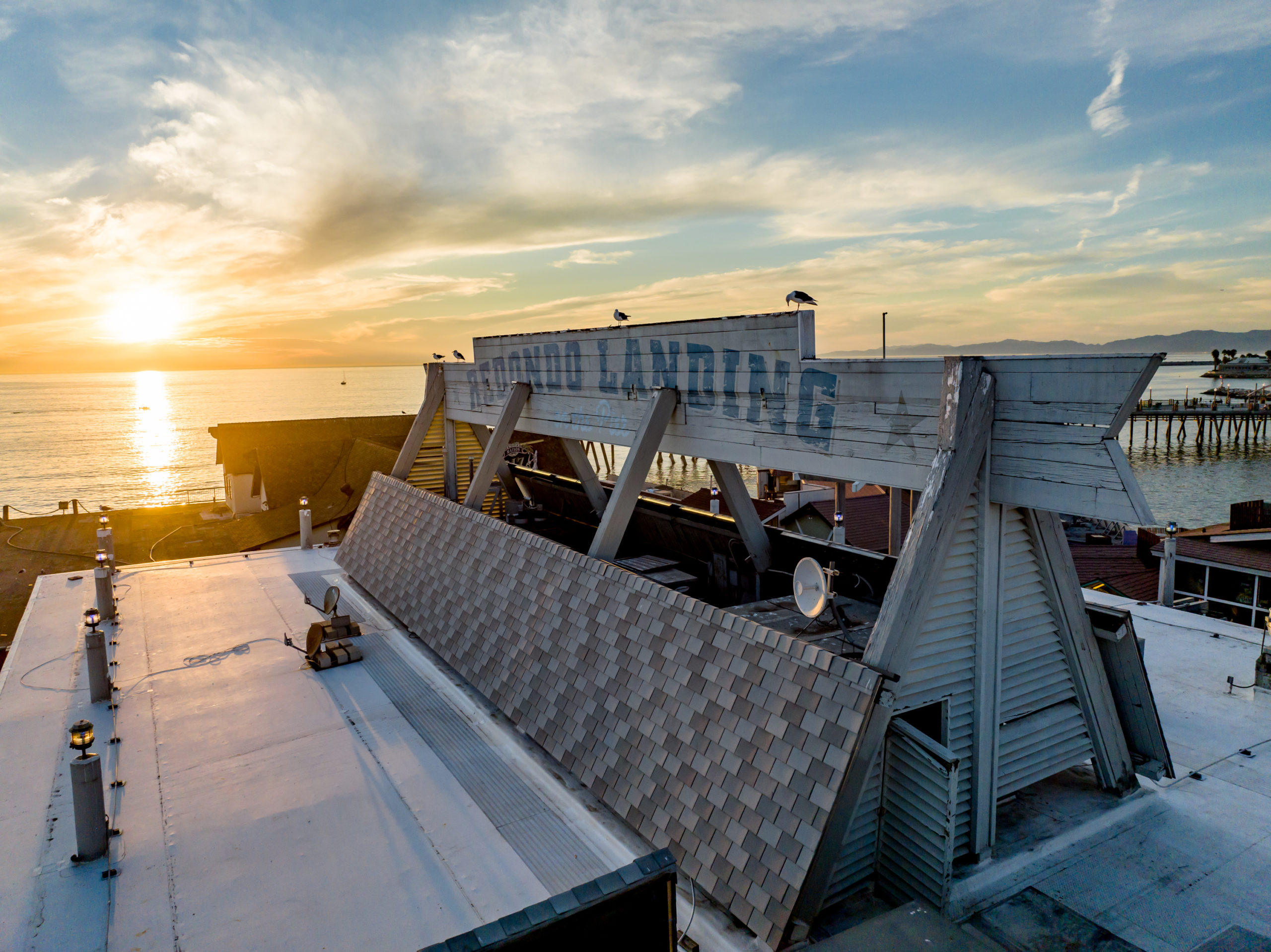 DJI_0977 Redondo PIer signage at sunset photo from a drone