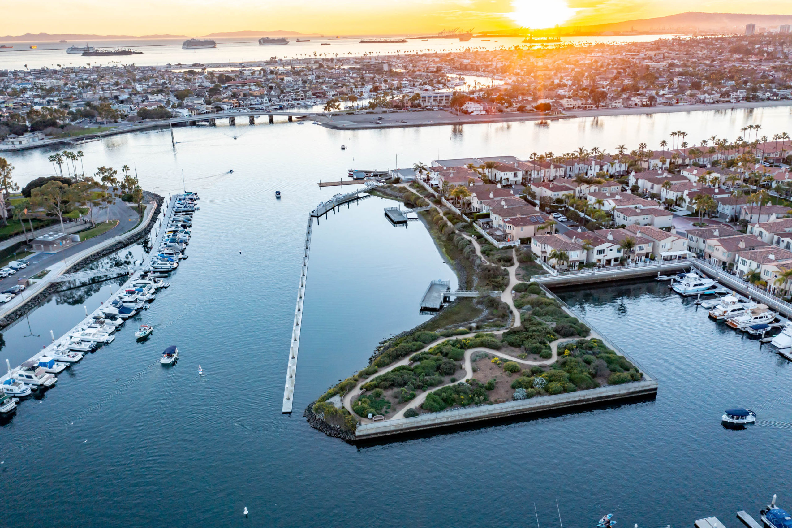 Los Alamitos Bay drone photo of Los Alamitos bay from high above at sunset