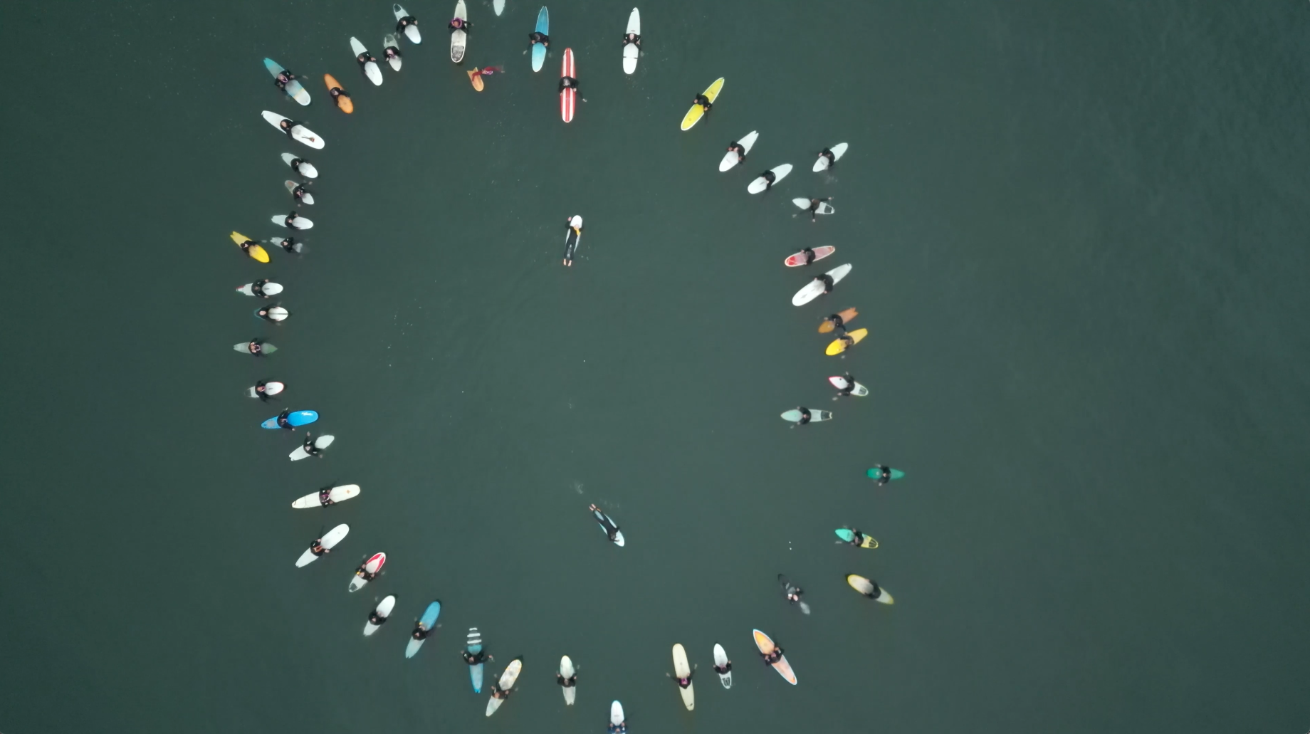 Surfers in a circle from above Surfers in a circle from above