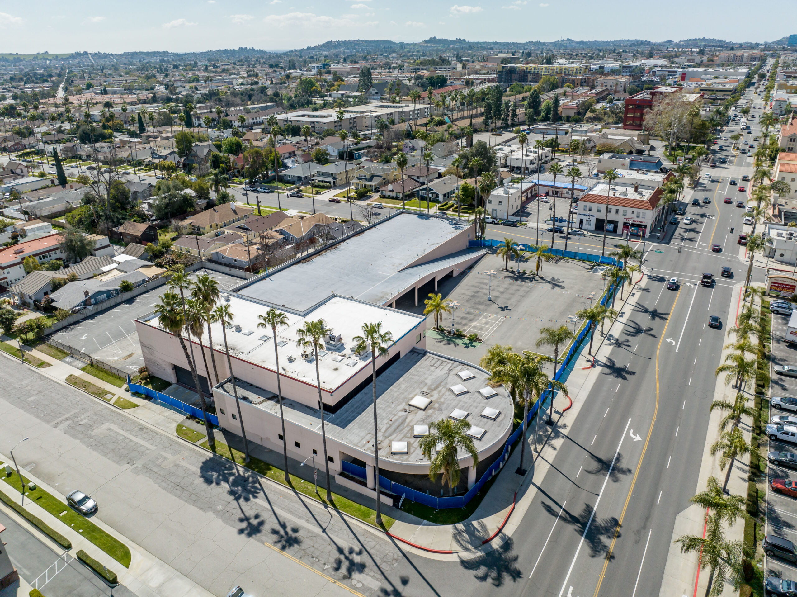from high above at abandoned car dealership